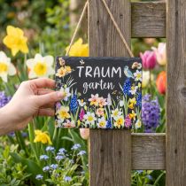 Artikel Gartenschild aus Schiefer mit Blumenmotiv und Juteband 15 cm