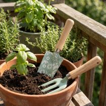 Artikel Gartenwerkzeug-Set aus Metall und Holz, Harke und Schaufel, 25/28 cm, Mintgrün mit Blumenmotiv