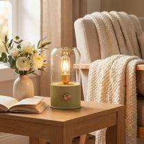 Artikel LED Tischlampe Glas Pistaziengrün Retro Stil H19,5 cm Warmweiß