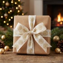 Artikel Weihnachtsband Geschenkband Stoffband Schneeflocken Weiß Gold 25mm 20m