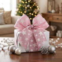 Artikel Geschenkband mit Drahtkante Rosa Weiß Sterne 25mm x 15m für Dekoration und Verpackung