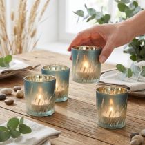 Artikel Deko-Windlicht Glas, Gräserdesign, Blau, 8 cm, 4 Stück