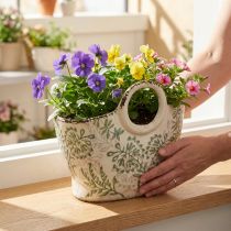 Artikel Keramik Pflanztasche mit floralem Muster 21cm in Weiß-Grün