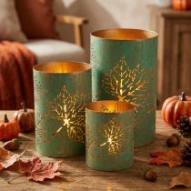 Artikel 3er-Set Windlichter Metall gold-türkis Ø8/10/13cm Herbstblattmotiv