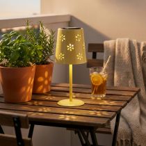 Artikel Solar-Tischlampe aus gelbem Metall mit Blütenmuster, 28 cm für Balkon und Terrasse