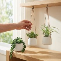 Artikel Blumenampeln mit künstlichen Sukkulenten, 3 Stück, 18 cm, Grün, Keramik und Jutefaser