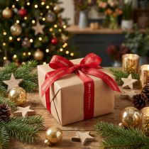 Artikel Textilband Satin Rot mit goldener Merry Christmas Beschriftung 25mm x 20m