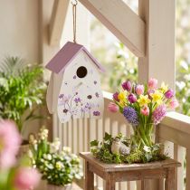 Artikel Vogelhaus aus Holz mit Blumenmotiv, 21 cm, Weiß mit Lila Dach, dekorativ für Innenbereiche