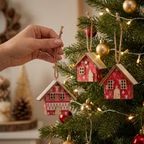 Artikel Weihnachtshäuschen zum Hängen aus Papier und Holz 5,5cm Rot 6er Set