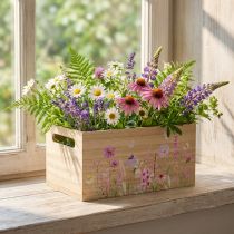 Artikel Kleine Holzbox mit Blumen- und Schmetterlingsmotiv, natur, 30x18x14,5cm für Wohnraumdekoration