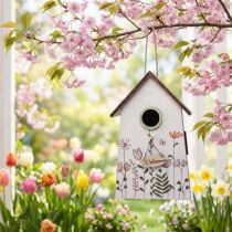 Artikel Hängedekoration Vogelhaus aus Holz 19cm mit Blumenmotiv, Weiß-Grün, für Innen- und geschützten Außenbereich