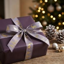 Artikel Geschenkband Polyester Lavendel Gold Hirsche 25mm 15m Weihnachtsdeko