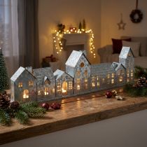 Artikel Deko-Häuserreihe Adventsdeko aus Metall mit Teelichthaltern 68 cm Silber