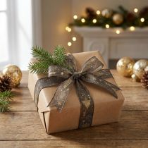 Artikel Geschenkband Polyester Braun Gold mit Tannenstern-Motiv 25mm x 15m