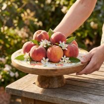 Artikel Deko-Teller mit Fuß aus Mangoholz, Ø26cm, Pfirsich-Motiv