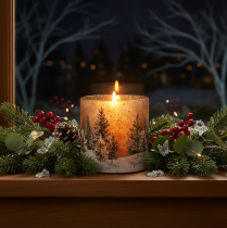 Artikel Windlicht Glas 20cm mit Winterwald-Motiv für weihnachtliche Innendekoration