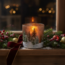 Artikel Windlicht aus Glas mit Tannenwald-Motiv 15cm für den Innenbereich
