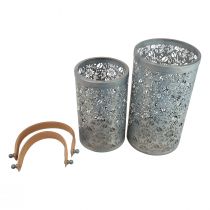 Artikel Gartenlaterne 2er-Set aus Metall mit Kunstleder-Henkel in Grau, H 30,5/25 cm