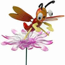 Gartenstecker Libelle auf Blume mit Metallfeder Orange, Pink H74cm