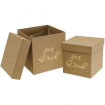 Artikel Geschenkbox Set aus Karton mit Kunststofffolie, rechteckig, „Für Dich“-Motiv, Beige, 14x14x14cm und 12x12x12cm