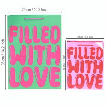 Artikel Geschenktüten aus Papier mit Henkeln und Aufdruck „Filled with Love“ H36/23 cm, Türkis und Rosa, 2er-Set
