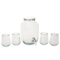 Artikel Getränkespender aus Recyclingglas mit Zapfhahn, 4 Gläser, H25,5 cm, klar-grünblau