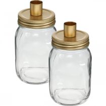 Deko Glas mit Kerzenhalter Golden Metalldeckel Ø8,5cm H16cm 2St