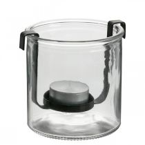 Windlicht Glas mit Teelichthalter Schwarz Metall Ø9×H10cm