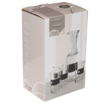 Artikel Glaskaraffe 27cm mit 4 Gläsern 11cm aus transparentem Glas, schwarz-grau beschriftbar