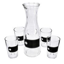 Artikel Glaskaraffe 27cm mit 4 Gläsern 11cm aus transparentem Glas, schwarz-grau beschriftbar