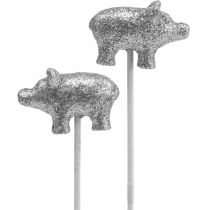 Glücksschwein Silvester Glücksbringer am Stab Silbern 3cm 6St