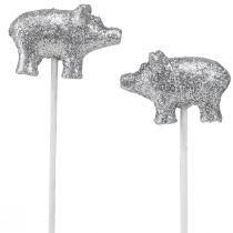 Artikel Glücksschwein Dekostecker aus Polyresin Silber 3cm 6 Stück