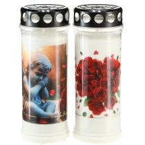 Artikel Grabkerze Rosen Grablicht Weiß 7 Tage Ø7,5cm H20cm 2St