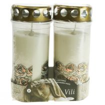 Artikel Grabkerzen Kunststoff Weiß Rosenmotiv Ø7cm H18cm 90h 2er-Set
