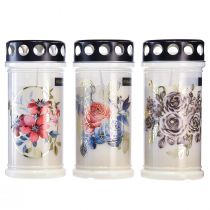 Artikel Grabkerzen Weiß Blumen Motive Ø7,5cm H16,5cm 6 St