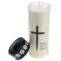 Artikel Grabkerze Weiß mit Trauerspruch und Motiv aus Kunststoff Ø7,5cm H21cm Brenndauer 110 Stunden