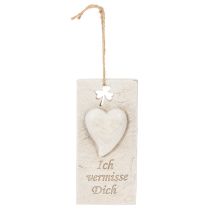 Artikel Anhänger mit Schriftzug „Ich vermisse Dich“, Herzmotiv, 12 cm, cremefarben
