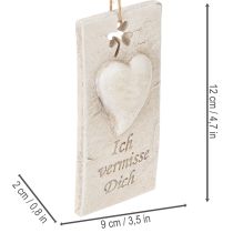 Artikel Anhänger mit Schriftzug „Ich vermisse Dich“, Herzmotiv, 12 cm, cremefarben