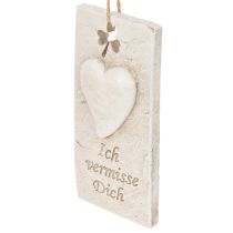 Artikel Anhänger mit Schriftzug „Ich vermisse Dich“, Herzmotiv, 12 cm, cremefarben
