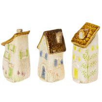 Artikel Set aus 3 handbemalten Keramikhäusern, 10 cm, mehrfarbig, Dekoration für Innenbereich