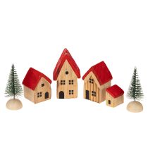 Artikel Holz-Dekohaus-Set mit roten Dächern und Tannenbäumen, 12 cm, 6-teilig