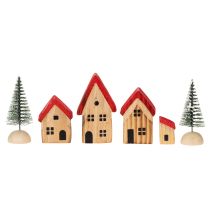 Artikel Holz-Dekohaus-Set mit roten Dächern und Tannenbäumen, 12 cm, 6-teilig