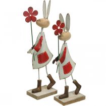 Osterdekoration, Hase aus Metall, Frühlingsdeko, Osterhase mit Blume Rot, Beige H21cm 2St