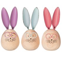 Artikel Holz-Hasen-Dekofiguren mit Gesicht und Metallohren 14cm Rosa Blau Lila 3er-Set