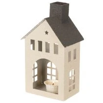 Artikel Dekohaus aus Metall mit Schornstein und Fenstern 24cm beige-grau