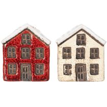Artikel Kerzenständer aus Keramik in Hausform mit verschneitem Dach 7 cm Rot und Beige 2 Stück