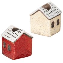 Artikel Kerzenständer aus Keramik in Hausform mit verschneitem Dach 7 cm Rot und Beige 2 Stück