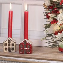 Artikel Kerzenständer aus Keramik in Hausform mit verschneitem Dach 7 cm Rot und Beige 2 Stück