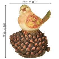 Artikel Vogelfigur aus Polyresin auf Dekozapfen 19cm in Herbstfarben