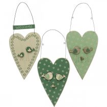 Herz zum Hängen, Holzdeko mit Vögeln, Türschmuck, Frühling Grün, Gelb H22cm 3er-Set